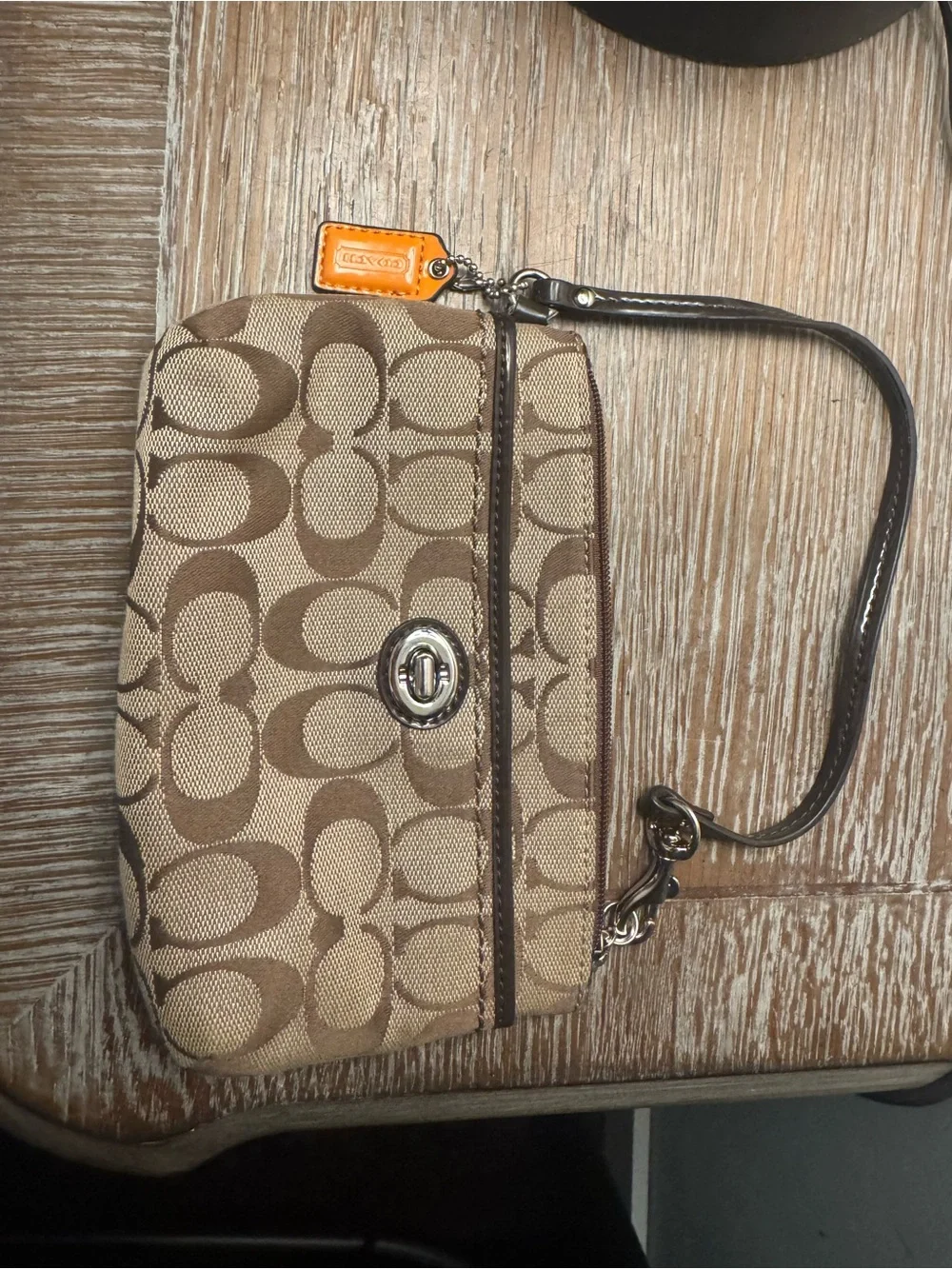 Coach Tan Signature Canvas Wristlet with Leather Trim